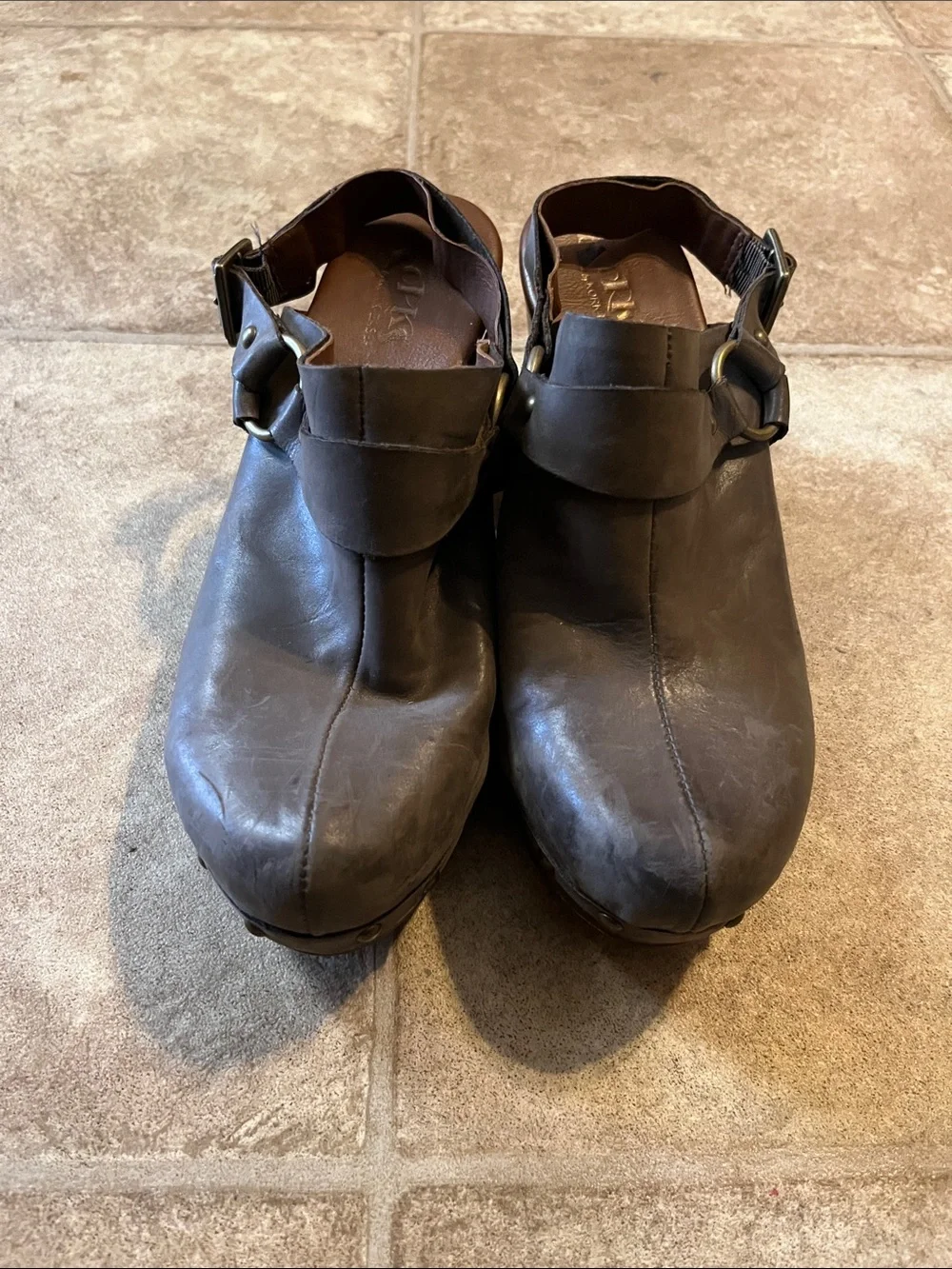 Korks Women Taupe Studded Leather Clog Slingback Boho Festival Hippie 70s 9/40.5 - Picture 2 of 10